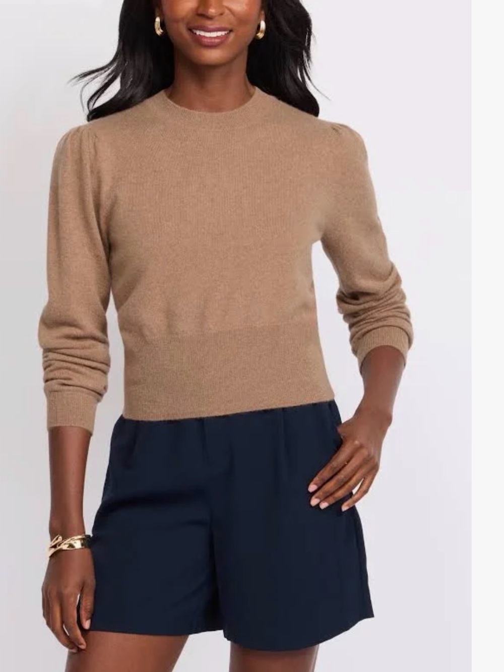 Favorite Daughter Crewneck Puff-Sleeve Sweater in Camel